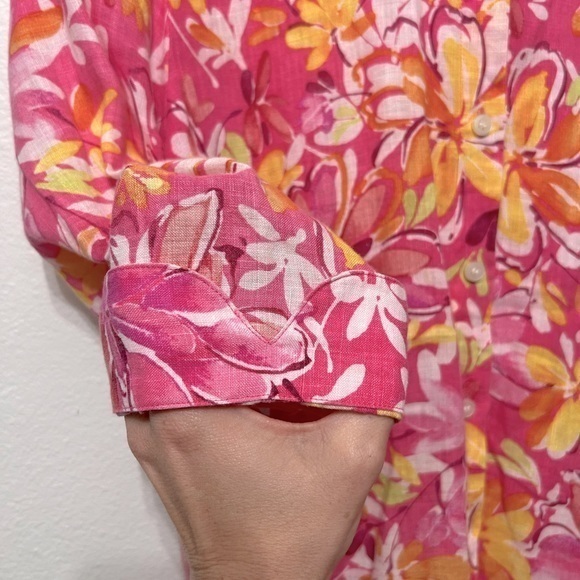 LIZ‎ CLAIBORNE 100% Linen Long Sleeve Colorful Floral Button Up Blouse Petite M - Picture 4 of 6